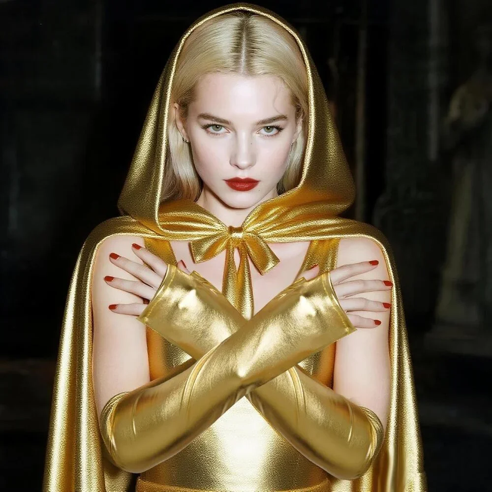 Women's Long Metallic Shiny Fingerless Gloves Gold Party Halloween Costume